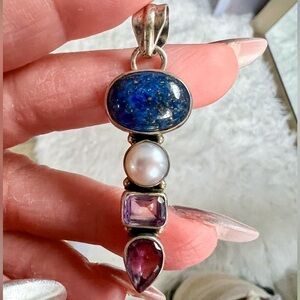 Gorgeous Sterling Silver 925 Lapis Lazuli, Cabochon Pearl, and Amethyst Pendant